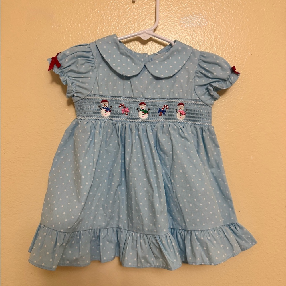 Blue Polka Dot Kids Dress with Snowman Embroidery /18m
